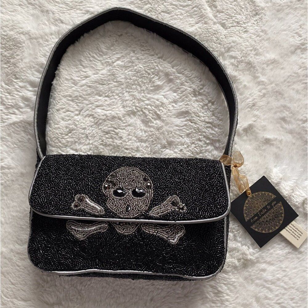 Handcrafted In India Halloween Pirate Skull Crossbones Shoulder Beaded Bag Viral